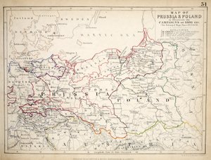 Mapa Pruska a Polska, publikoval William Blackwood and Sons, Edinburgh und London, 1848 (ručně kolorovaná rytina)